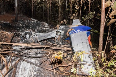 The tail of the burned fuselage of a small plane that crashed is seen in Guanacaste, Corozalito, Costa Rica on Dec. 31, 2017. 
(EZEQUIEL BECERRA/AFP/Getty Images)