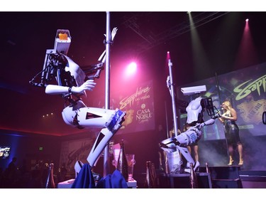 Stripper robots perform at the Sapphire Gentlemen's Club on the sidelines of CES 2018 in Las Vegas on Jan. 8, 2018. (MANDEL NGAN/AFP/Getty Images)