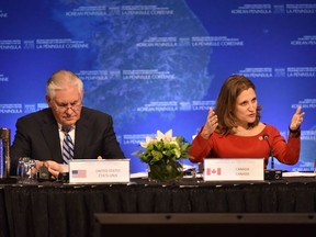 Chrystia Freeland, Canada's Minister of Foreign Affairs, gives opening remarks as Rex Tillerson, US Secretary of State, listens at the "Vancouver Foreign Ministers Meeting on Security and Stability on the Korean Peninsula" on January 16, 2018, in Vancouver, British Columbia.