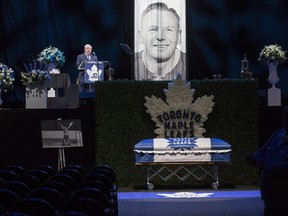Joe Bowen speaks at a service for Johnny Bower at the Air Canada Centre on Jan. 3, 2018