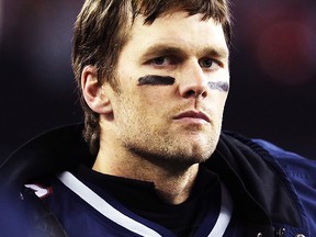 Tom Brady #12 of the New England Patriots looks on in the fourth quarter during the AFC Championship Game against the Jacksonville Jaguars at Gillette Stadium on January 21, 2018 in Foxborough, Massachusetts.  (Photo by Maddie Meyer/Getty Images)