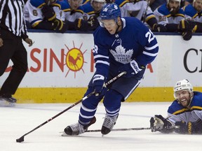 Toronto Maple Leafs right winger Connor Brown scores the Leafs only goal as they lose in overtime to the St. Louis Blues on Jan. 16, 2018