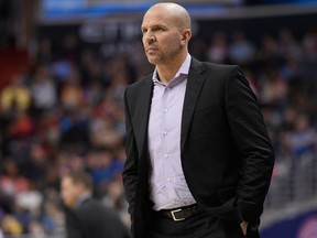 This Jan. 15, 2018 photo shows Milwaukee Bucks head coach Jason Kidd looking on during the second half of an NBA basketball game against the Washington Wizards in Washington