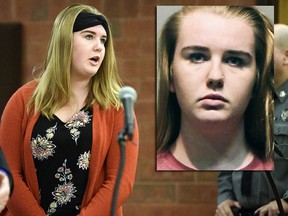 Brianna Brochu, accused of contaminating her black roommate's belongings at the University of Hartford, addresses the court during a hearing, Tuesday, Nov. 21, 2017, in Hartford. She's charged with misdemeanor criminal mischief and breach of peace. Prosecutors say they're determining whether to add a hate crime charge. (Mark Mirko/The Courant via AP, Pool)