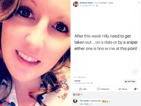 Chelsie Cline was  one of four people gunned down at a Pennsylvania car wash Sunday. The alleged gunman is her ex-boyfriend Timothy Smith. On Jan. 24, she posted a meme on her Facebook page that read, "After this week, I rlly need to get taken out ... on a date or by a sniper either one is fine w me at this point." A user named "Tim Smith" responded with, "I could do both." (Facebook)