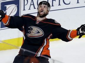 Anaheim Ducks centre Andrew Cogliano celebrates after scoring against the Edmonton Oilers on May 10, 2017