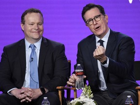 Stephen Colbert, right, executive producer of the Showtime animated series "Our Cartoon President," takes part in a panel discussion on the show with fellow executive producer Chris Licht at the Television Critics Association Winter Press Tour on Saturday, Jan. 6, 2018, in Pasadena, Calif.
