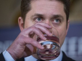Conservative party leader Andrew Scheer pauses to take a drink of water as he takes questions from the media following the national Conservative caucus in Victoria, B.C., Thursday, Jan. 25, 2018.