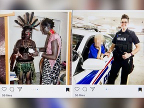 Instagram posts show London police Const. Katrina Aarts. In the left photo, she (and another person) go blackface in what appears to be some kind of traditional African wear from a 2006 Halloween party before she joined the force. (Instagram)