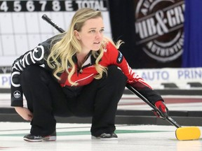 Chelsea Carey watches her shot during the Meridian Canadian Open women's final in Camrose, Alta. on Jan. 21, 2018