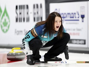 Skip Kerri Einarson at the 2018 Scotties Tournament of Hearts at the Shamrock Centre in Killarney, Man., on Thursday, Jan. 11, 2018. (Brook Jones/Selkirk Journal/Postmedia Network File Photo)