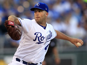 Kansas City Royals starting pitcher Danny Duffy delivers to a Colorado Rockies batter at Kauffman Stadium in Kansas City, Mo., Tuesday, Aug. 22, 2017. (AP Photo/Orlin Wagner)