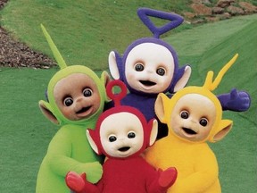 Teletubbies characters shown: Dipsy (green), Tinky Winky (purple), Laa-Laa (yellow), and Po (red).