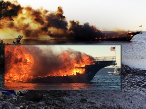 In this photo provided by Pasco County flames engulf a boat Sunday, Jan. 14, 2018, in the Tampa Bay area. The boat ferrying patrons to a casino ship off the Florida Gulf Coast caught fire near shore Sunday afternoon, and dozens of passengers and crew safely made it to land, authorities said. (Tambrey Laine/Pasco County via AP)