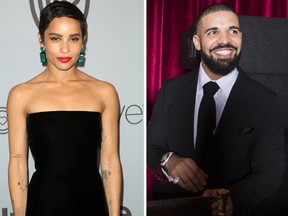 Zoe Kravitz at the 19th Annual Post-Golden Globes Party hosted by Warner Bros. Pictures and InStyle at The Beverly Hilton Hotel. (WENN.COM) and In this handout photo provided by Netflix, Drake (R) attends the Netflix Golden Globes after party at Waldorf Astoria Beverly Hills on January 7, 2018 in Beverly Hills, California.  (Photo by Netflix via Getty Images)