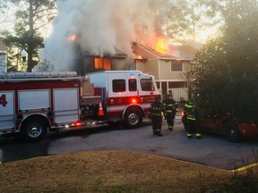 A condo fire burns in Columbia, S.C. on Jan. 6, 2018.