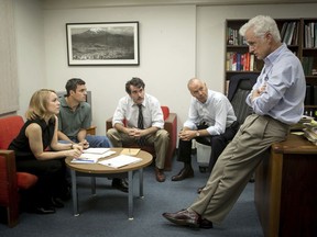 This photo provided by Open Road Films shows, Rachel McAdams, from left, as Sacha Pfeiffer, Mark Ruffalo as Michael Rezendes, Brian d'Arcy James as Matt Carroll, Michael Keaton as Walter "Robby" Robinson and John Slattery as Ben Bradlee Jr., in a scene from the film, "Spotlight." The film won the Academy Award for best picture in 2016.