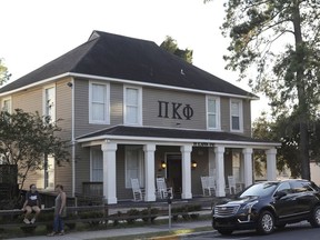 This Nov. 3, 2017 file photo shows the Florida State University, Pi Kappa Phi fraternity house near the FSU campus in Tallahassee, Fla. The Tallahassee Police Department on Tuesday, Jan. 18, 2018, said that nine men are facing hazing charges in connection with the death of a Florida State University fraternity pledge, Andrew Coffey, 20, who was a junior and a pledge at Pi Kappa Phi. He died Nov. 3 after he was found unresponsive after a party.