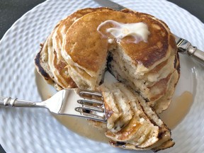 This undated photo shows ripe banana pancakes. The bananas are mashed as if making banana bread and added to the batter right before the pancakes are prepared. The result is almost like banana bread pancakes.