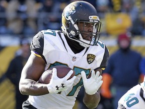 Jacksonville Jaguars running back Leonard Fournette carries the ball during an AFC playoff game against the Pittsburgh Steelers in Pittsburgh, Sunday, Jan. 14, 2018. (AP Photo/Don Wright)