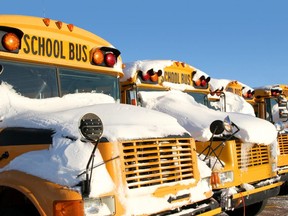 In this stock photo, a row of school buses sit in a parking lot covered in snow.