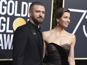 Justin Timberlake, left, and Jessica Biel arrive at the 75th annual Golden Globe Awards at the Beverly Hilton Hotel on Sunday, Jan. 7, 2018.
