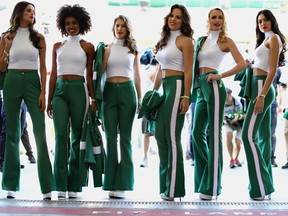 Grid girls pose for a photo before the Formula One Grand Prix of Brazil at Autodromo Jose Carlos Pace on Nov. 12, 2017 in Sao Paulo, Brazil