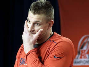 New England Patriots tight end Rob Gronkowski faces reporters during a news conference Wednesday, Jan. 17, 2018, at Gillette Stadium in Foxborough, Mass. (AP Photo/Steven Senne)
