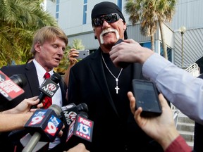 In this March 21, 2016, file photo, Hulk Hogan, whose given name is Terry Bollea, speaks to the media St. Petersburg, Fla.