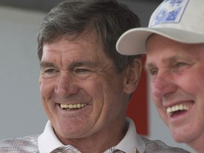 NHL Referee Bruce Hood jokes with Milton, Ont. mayor Gordon A. Krantz during Town of Milton "Walk of Fame" induction ceremony on July 1, 2007