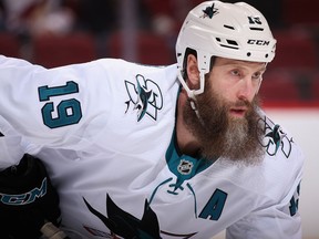 Joe Thornton of the San Jose Sharks during a game against the Arizona Coyotes at Gila River Arena on Jan. 16, 2018