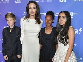 Shiloh Jolie-Pitt, Angelina Jolie, Zahara Jolie-Pitt and Saara Chaudry attend the premiere of Gkids' 'The Breadwinner' at TCL Chinese 6 Theatres on Oct. 20, 2017 in Hollywood, Calif. (Neilson Barnard/Getty Images)