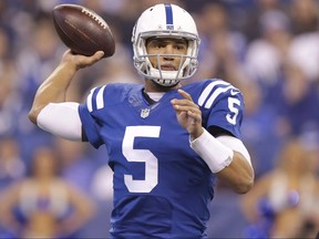 Quarterback Josh Freeman, playing for the Colts, looks to throw against the Titans during NFL action in Indianapolis on, Jan. 3, 2016. The Alouettes have signed international quarterback Josh Freeman to a two-year deal.