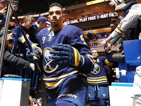 Evander Kane of the Buffalo Sabres heads to the ice to warm up before a game against the Winnipeg Jets on Jan. 9, 2018