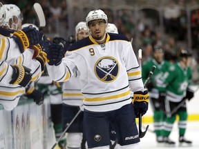 Evander Kane of the Buffalo Sabres celebrates a goal against the Dallas Stars on Jan. 26, 2017