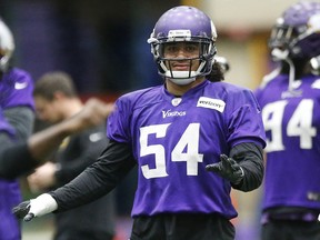 Minnesota Vikings linebacker Eric Kendricks goes through drills during practice Thursday, Jan. 18, 2018, in Eden Prairie, Minn., for the upcoming NFC Championship football game in Philadelphia. (AP Photo/Jim Mone)