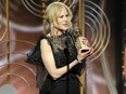 This image released by NBC shows Nicole Kidman accepting the award for best performance by an actress in a limited series or motion picture made for TV for her role in "Big Little Lies," at the 75th Annual Golden Globe Awards in beverly Hills, Calif., on Sunday, Jan. 7, 2018. (Paul Drinkwater/NBC via AP)