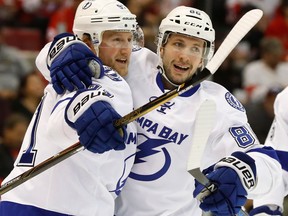 In this Nov. 15, 2016 file photo, Tampa Bay Lightning centre Steven Stamkos celebrates his goal against the Detroit Red Wings with Nikita Kucherov