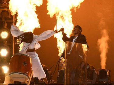 Kendrick Lamar (R) performs during the 60th Annual Grammy Awards show on January 28, 2018, in New York. (TIMOTHY A. CLARY/AFP/Getty Images)