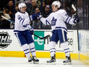 Toronto Maple Leafs forward William Nylander, right, celebrates with Mitch Marner after a goal against the Columbus Blue Jackets on March 22, 2017