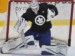 Toronto Maple Leafs goalie Curtis McElhinney during practice at the MasterCard Centre in Etobicoke on Tuesday January 30, 2018. (Stan Behal/Toronto Sun)