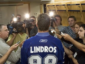 Eric Lindros speaks to the media during a press conference at the Air Canada Centre August 11, 2005.