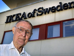In this Aug. 6, 2002 file photo, Ingvar Kamprad, founder of Swedish multinational furniture retailer IKEA, stands outside the company's head office in Almhult, Sweden. IKEA confirmed Sunday Ingvar Kamprad, the IKEA founder who created a global furniture empire, has died at 91.