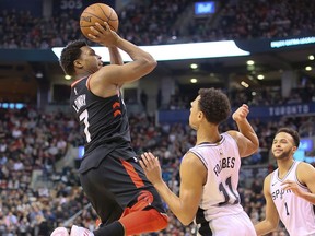 Toronto Raptors guard Kyle Lowry and San Antonio Spurs guard Bryn Forbes at the Air Canada Centre in Toronto on Friday Jan. 19, 2018. (Veronica Henri/Postmedia Network)