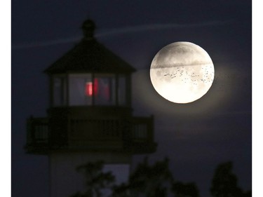 A flock of birds fly by the full moon as Earth's shadow begins to cross the upper left of the full moon Wednesday Jan. 31, 2018, as it sets in the west behind the East Point Lighthouse in Cumberland County, N.J.  (Dale Gerhard/The Press of Atlantic City via AP)
