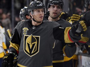 Jonathan Marchessault of the Vegas Golden Knights celebrates with teammates after scoring an empty-net goal on Jan. 2, 2018