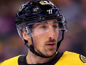 Brad Marchand of the Boston Bruins looks on during the first period against the Detroit Red Wings at TD Garden on Dec. 23, 2017