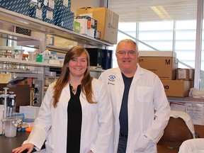 Cancer postdoctoral fellow Dr. Marie-Claude Bourgeois-Daigneault with Dr. John Bell, co-authors of a new study on using a combination of immunotherapies to cure an aggressive form of breast cancer.
