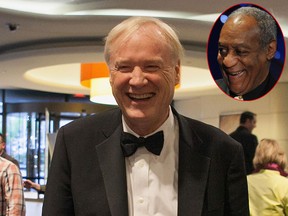 Chris Matthews, host of MSNBC's "Hardball," has apologized for joke referencing Bill Cosby (inset) he made in an two-year-old video clip that was unearthed.  (Teresa Kroeger/Getty Images/STAN HONDA/AFP/Getty Images)