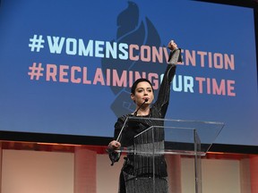 Rose McGowan speaks on stage at The Women's Convention at Cobo Center on Oct. 27, 2017 in Detroit, Mich.  (Aaron Thornton/Getty Images)